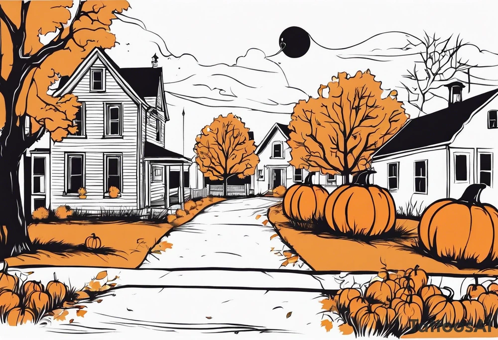 Midwestern street in fall with Halloween pumpkin tattoo idea