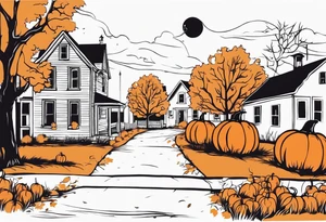 Midwestern street in fall with Halloween pumpkin tattoo idea