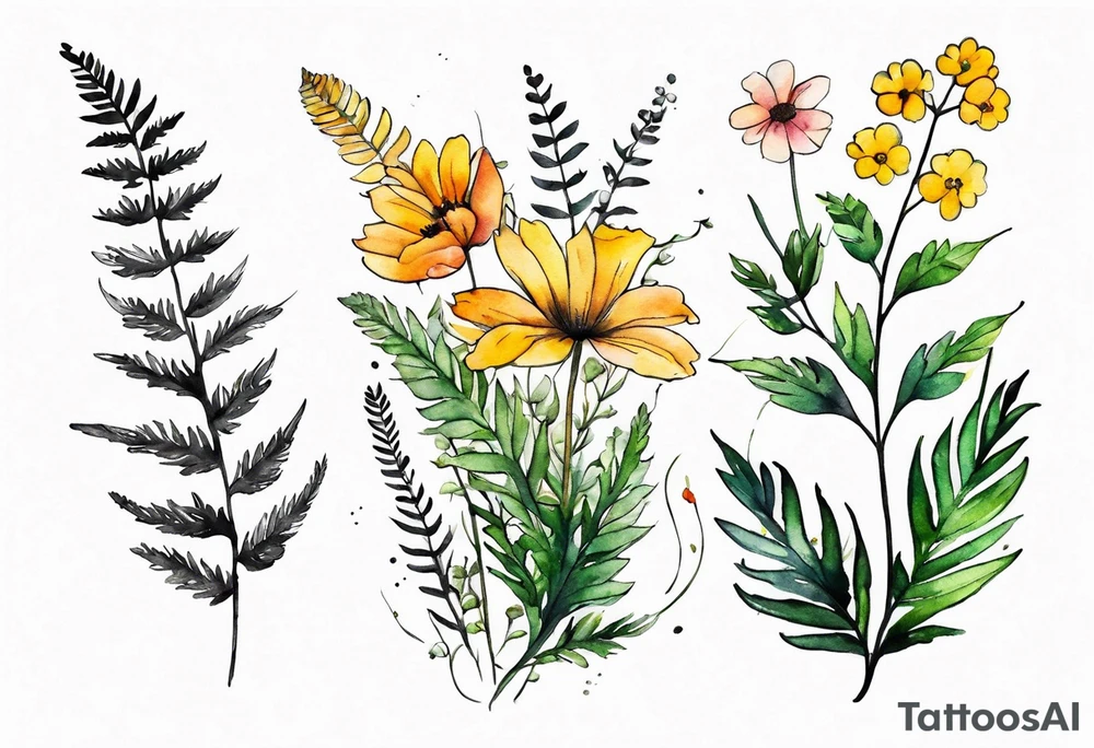 vertical mixed wildflower with ferns and with watercolor tattoo idea