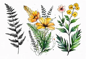 vertical mixed wildflower with ferns and with watercolor tattoo idea