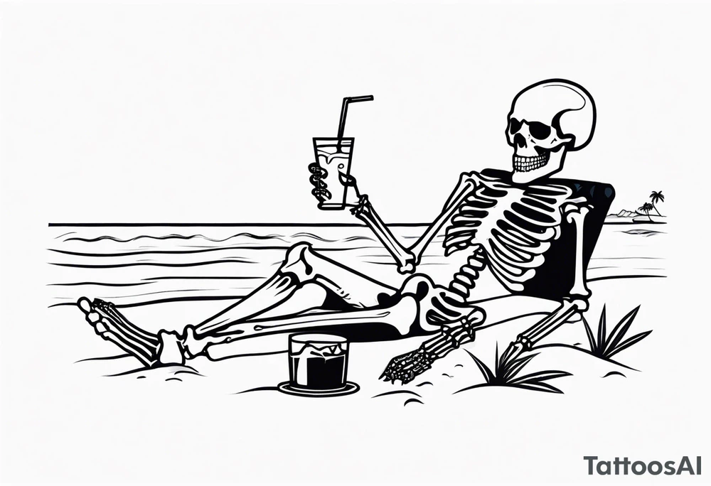 skeleton wearing a button up hawaiian shirt relaxing on the beach with a drink tattoo idea