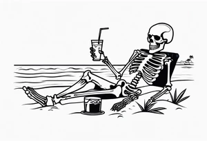 skeleton wearing a button up hawaiian shirt relaxing on the beach with a drink tattoo idea