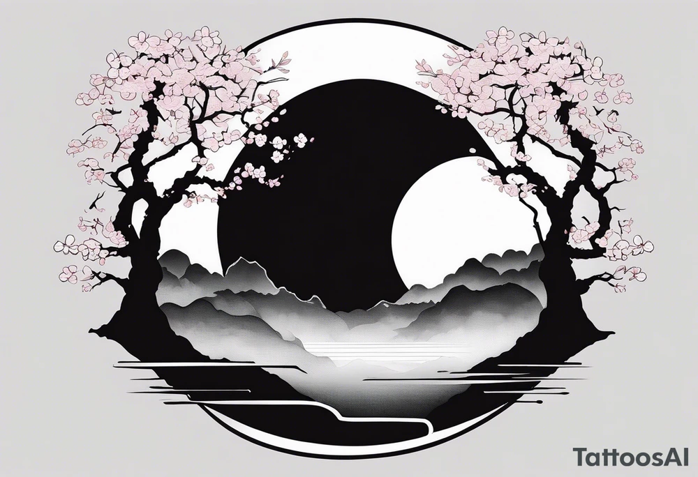 A circle of mist with cherry blossom trees on the left side growing upwards and downwards with the shadow kanji letter in the middle of the circle tattoo idea