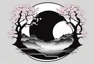 A circle of mist with cherry blossom trees on the left side growing upwards and downwards with the shadow kanji letter in the middle of the circle tattoo idea