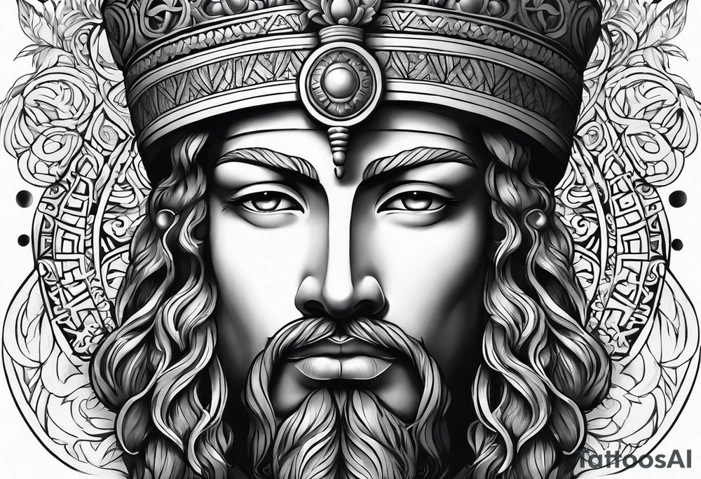 Kouros Kopf mit locken und kranz tattoo idea