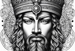 Kouros Kopf mit locken und kranz tattoo idea
