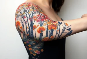 colorful fall themed womans sleeve forest, trees, falling leaves and rain, a small snail or two, birds, a creek, mushrooms and some fall themed flowers as filler tattoo idea