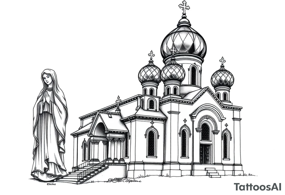 Russian orthodox church with bulb domes with a prominent russian orthodox style virgin mary stood outside to the left tattoo idea