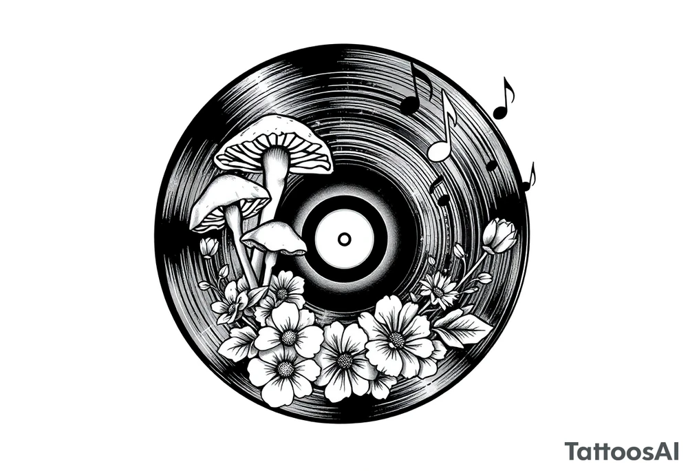 vinyl record with mushrooms, flowers, and music notes tattoo idea