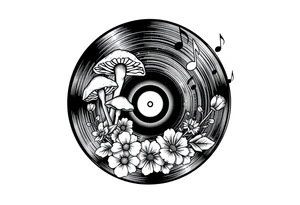 vinyl record with mushrooms, flowers, and music notes tattoo idea