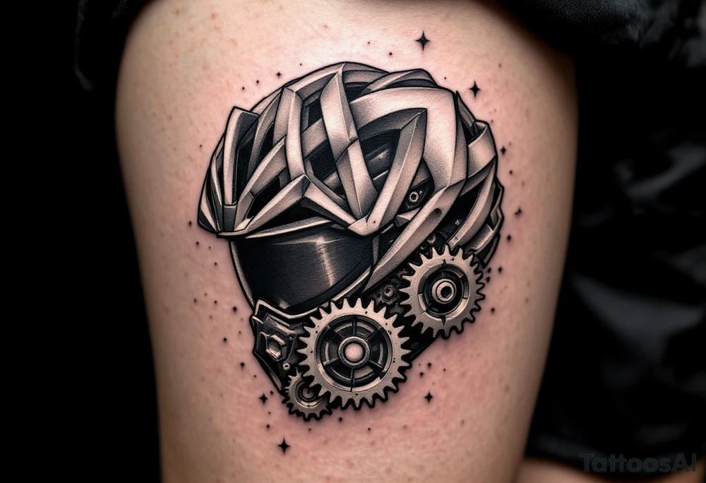 A cycling helmet design with gears etched into the sides, with the helmet representing protection and safety, and the gears symbolizing the technical side of cycling, shaded in bold black with small highlights of silver. tattoo idea