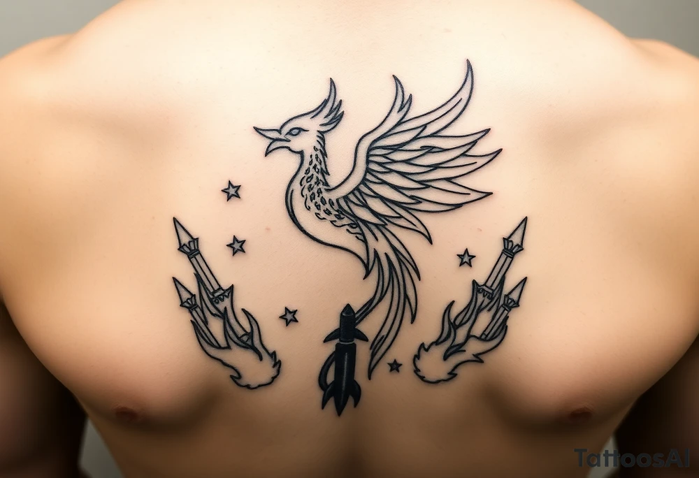Phoenix rising from flames, surrounded by ninja stars and ballistic missiles, semicolon integrated into the design, fine line black ink, minimalist but dramatic but dainty tattoo idea