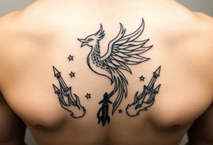 Phoenix rising from flames, surrounded by ninja stars and ballistic missiles, semicolon integrated into the design, fine line black ink, minimalist but dramatic but dainty tattoo idea