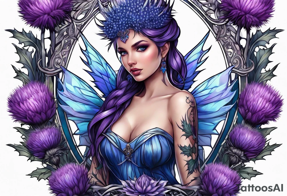 Thistle fairy purple and blue tattoo idea