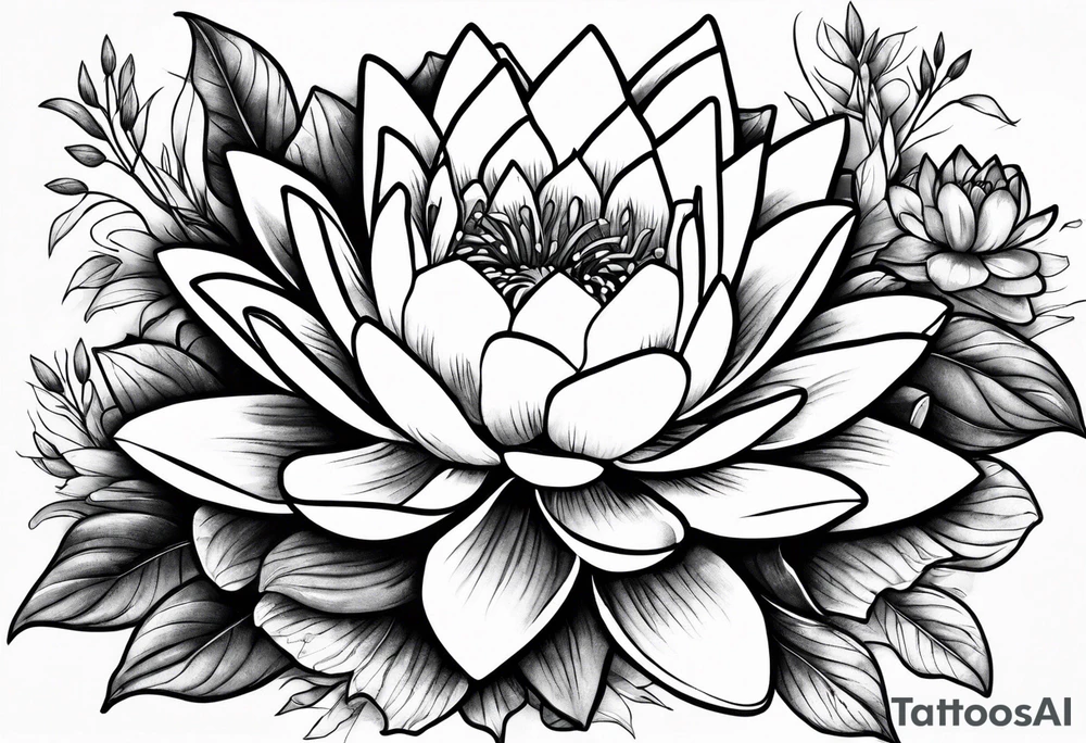 Water lilies and larkspur bouquet tattoo idea