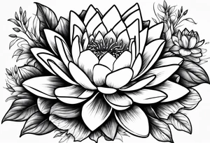 Water lilies and larkspur bouquet tattoo idea
