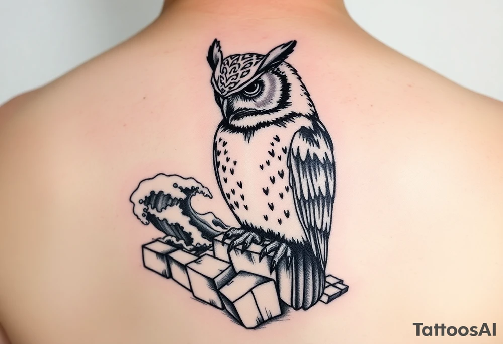 Masked owl overlooking a trench with waves in the background for the lateral part of the shoudler tattoo idea