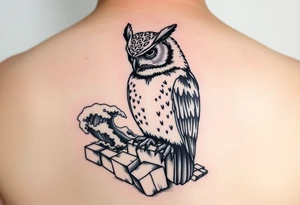 Masked owl overlooking a trench with waves in the background for the lateral part of the shoudler tattoo idea