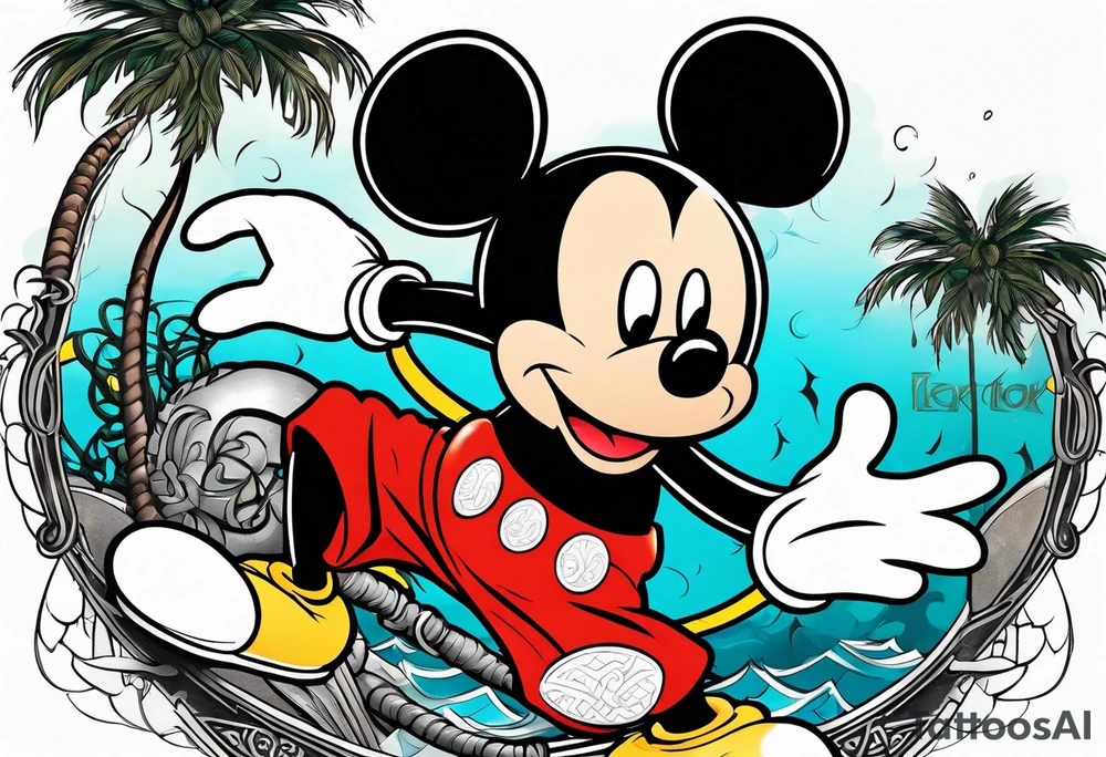 mickey mouse doing martial arts with palm trees, lightning storm and the celtic symbol for family tattoo idea