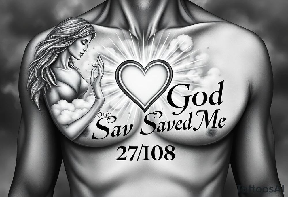 Black and gray realistic chest tattoo design.
A symbolic composition representing rebirth and protection.
On the left side, a female figure made of light — calm, maternal, protective — emerging from soft smoke and clouds.
In the center, a broken heart or cracked clock glowing from the inside, symbolizing survival and second chance.
On the right, rays of light spreading outward, blending with dark shadows.
Across the chest area, gothic lettering that says “Only God Saved Me”, large and elegant, with subtle highlights.
Include date 27·08 in Roman numerals below the text.
Artistic background of mist, soft smoke, and light particles, giving a sense of spirituality and rebirth.
Realistic shading, fine details, and balanced composition.
No human torso visible — just the tattoo design layout.
Black and gray tones, dramatic contrast, cinematic lighting. tattoo idea