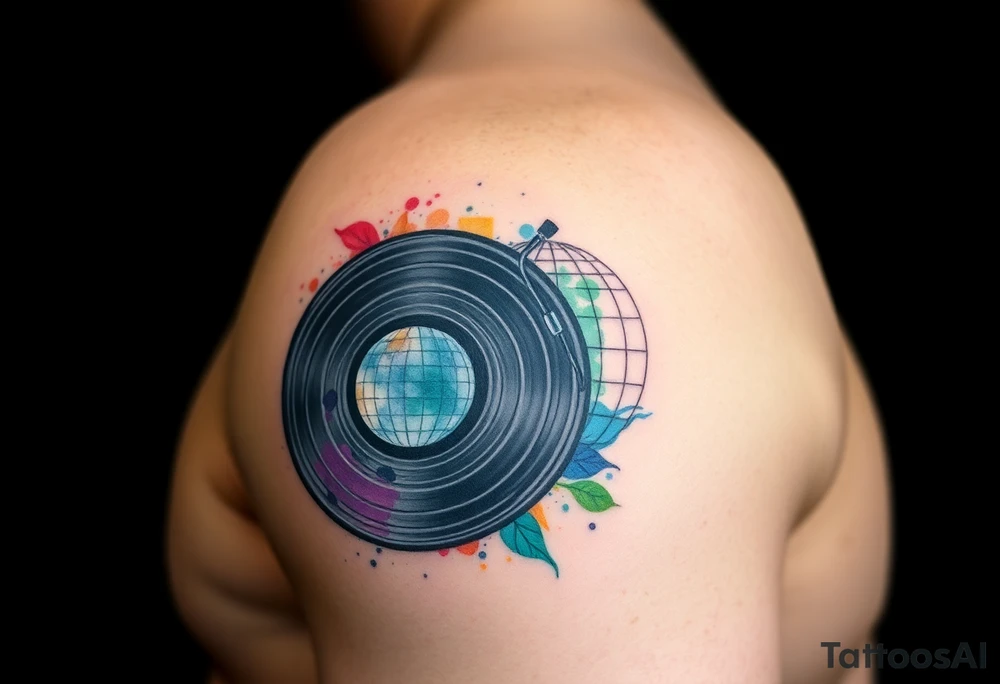 vinyl record and disco ball tattoo idea