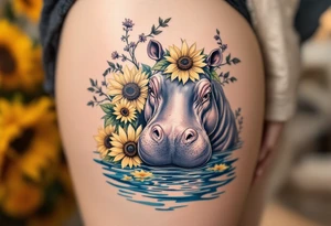 Cute hippo with sunflowers, carnations, and water tattoo idea