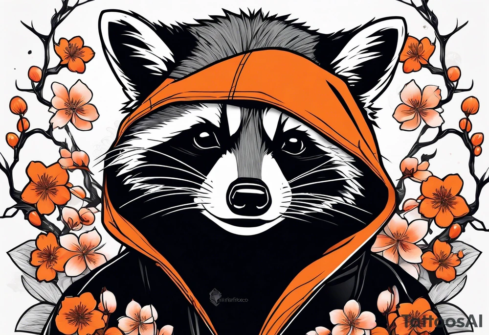 Raccoon wearing a white Superman logo on a black hoodie and orange Japanese cherry blossoms tattoo idea