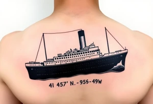 Ship image of Titanic with coordinates 41 43' 57" N 49 56' 49" W for forearm tattoo idea