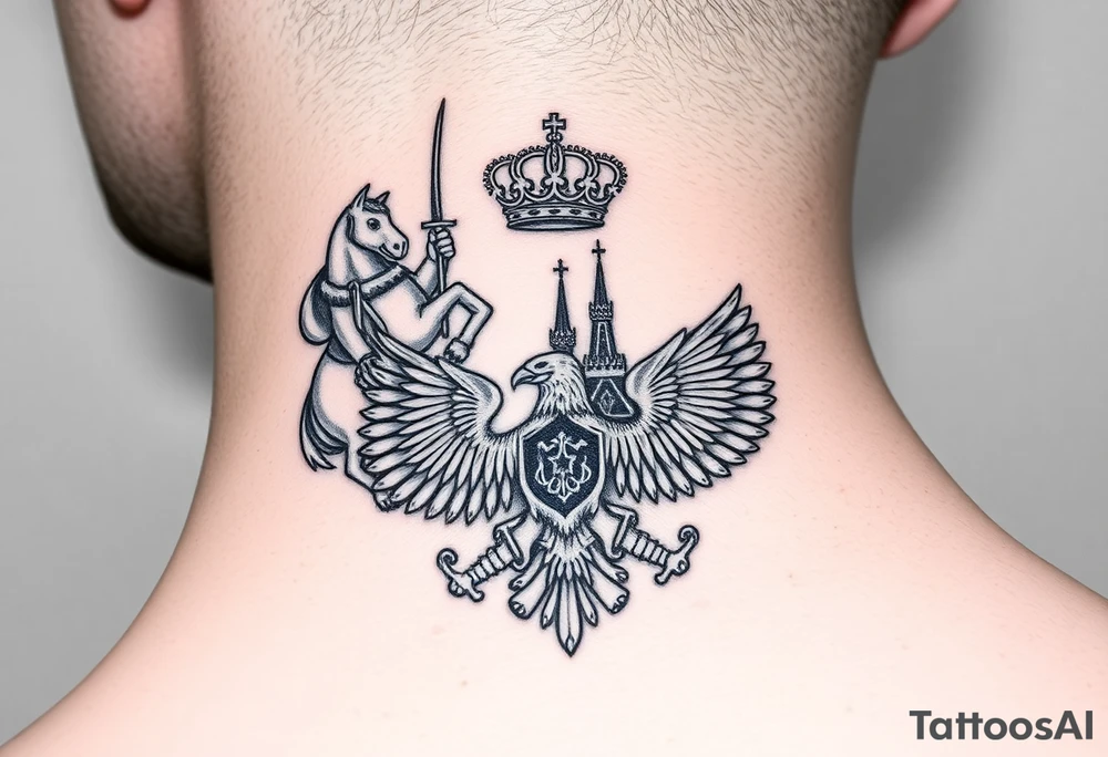 St. George slaying the dragon (hugely common in Russian Orthodox art)
Russian imperial crown above the eagle
Crossed swords or a Russian sabre
The Kremlin or St. Basil's Cathedral scene tattoo idea