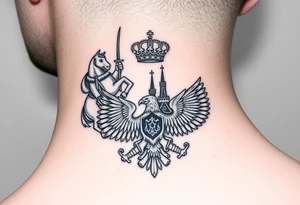 St. George slaying the dragon (hugely common in Russian Orthodox art)
Russian imperial crown above the eagle
Crossed swords or a Russian sabre
The Kremlin or St. Basil's Cathedral scene tattoo idea