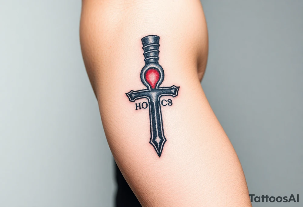 A Hand Holding an Ankh with a Name Written Inside(only red , blue and black are possible colors) tattoo idea