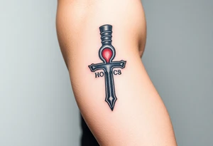 A Hand Holding an Ankh with a Name Written Inside(only red , blue and black are possible colors) tattoo idea