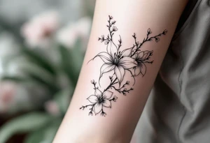 the flower spider lily from demon slayer and add cherry blossoms wrapped around upper arm tattoo idea