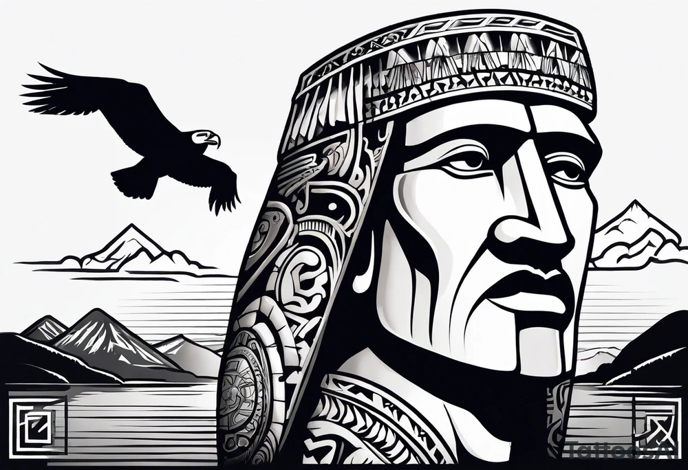 Easter island heads on an island landscape and hawk circling above tattoo idea
