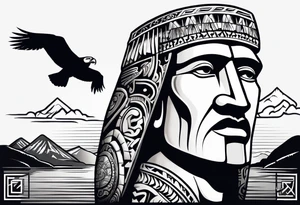 Easter island heads on an island landscape and hawk circling above tattoo idea