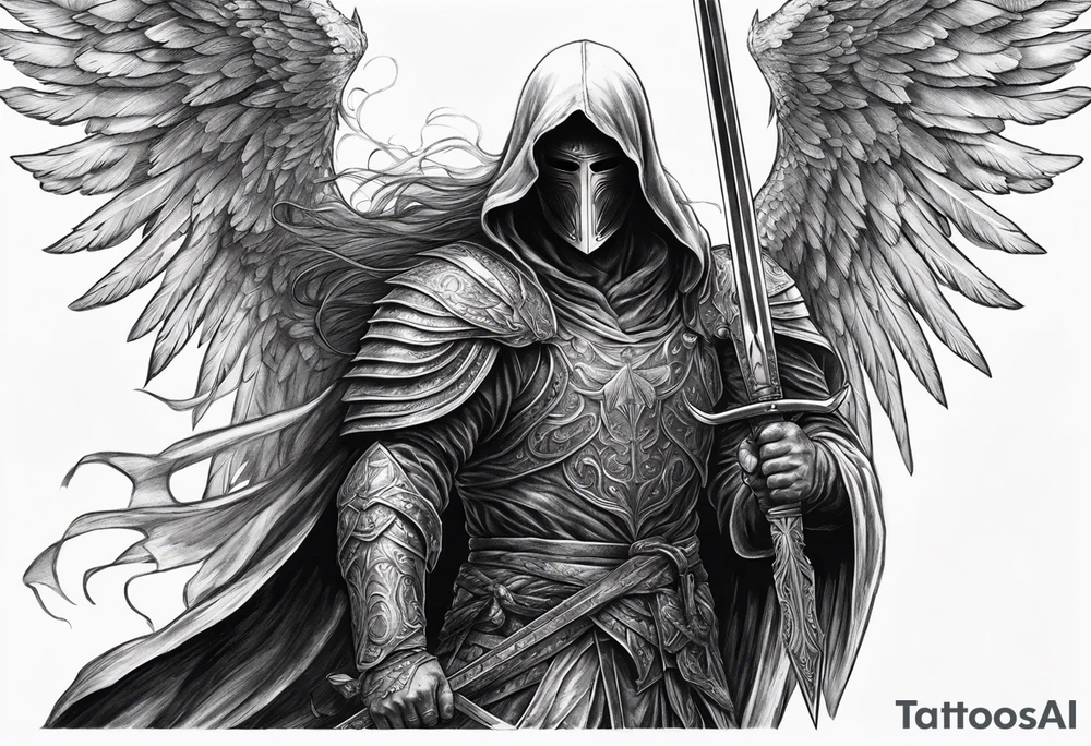 realistic angel of death, man, full body, no face visible, holding one sword, sword vertically pointing downwards, both hands are holding the sword tattoo idea