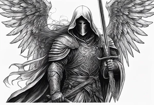 realistic angel of death, man, full body, no face visible, holding one sword, sword vertically pointing downwards, both hands are holding the sword tattoo idea