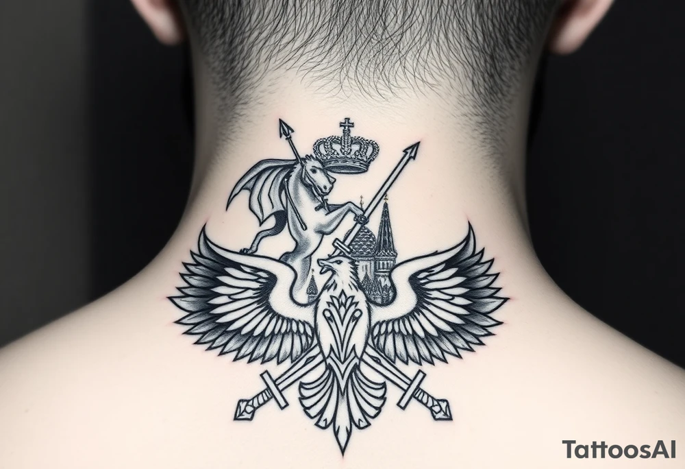 St. George slaying the dragon (hugely common in Russian Orthodox art)
Russian imperial crown above the eagle
Crossed swords or a Russian sabre
The Kremlin or St. Basil's Cathedral scene tattoo idea