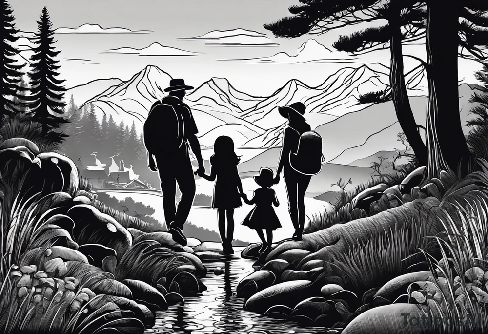 Family silhouette father, mother, son, 2 daughters foraging mushrooms with mountains and creek in background tattoo idea