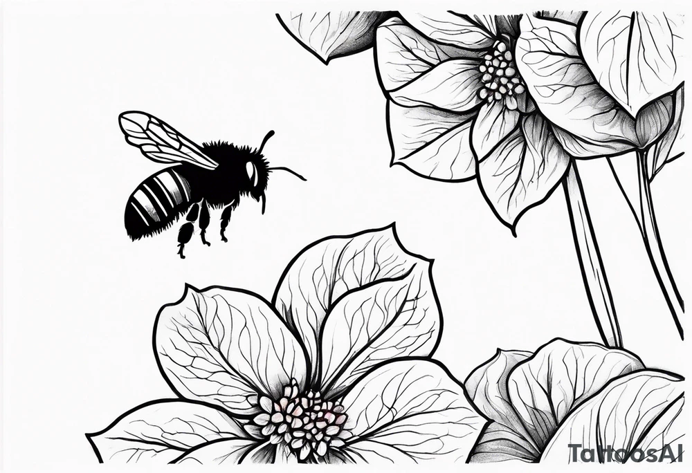 Small tattoo. There’s a hydrangea and a bee but they are not touching. Make the bee smaller than the hydrangea and have the bee off to the side. Bee is smaller than the hydrangea tattoo idea