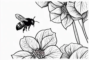 Small tattoo. There’s a hydrangea and a bee but they are not touching. Make the bee smaller than the hydrangea and have the bee off to the side. Bee is smaller than the hydrangea tattoo idea