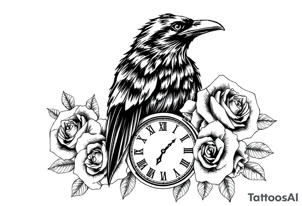raven,roses,clock. tattoo idea
