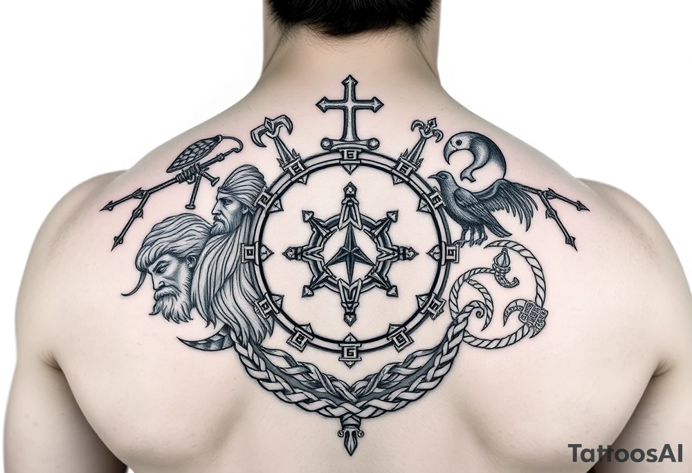 Powerful complex Tattoo, including every Symbol of the 12 Greek gods and some Parts of Celtic rope work. tattoo idea