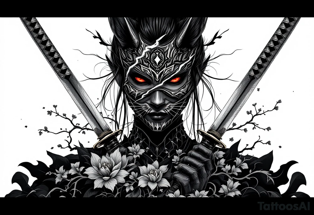 Woman samurai with red eyes wearing an half and broken kitsune mask, holding 
two katanas and Sakura flowers ornement tattoo idea