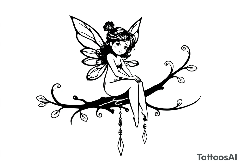 Solid black design. Fairy sitting on moon with dangles tattoo idea