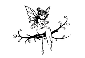 Solid black design. Fairy sitting on moon with dangles tattoo idea