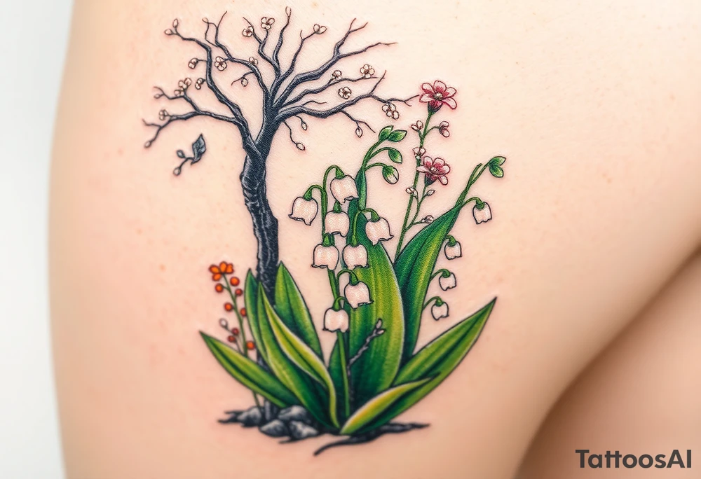 White lily in the valley bells  next to other different colored lilie plants planted underneath a blooming hawthorn tree tattoo idea