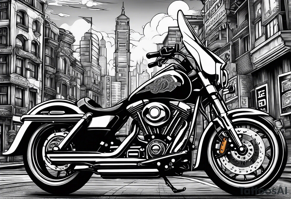 playing cards over a city with a motorcycle on the road tattoo idea