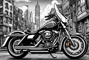 playing cards over a city with a motorcycle on the road tattoo idea