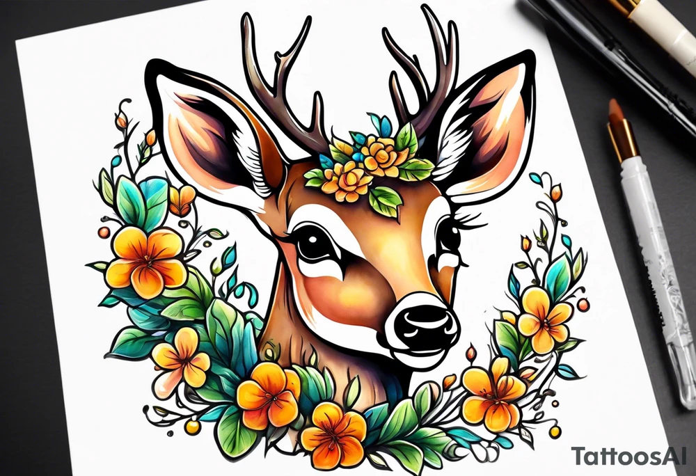 Baby Deer momma deer bubbles plants tattoo idea